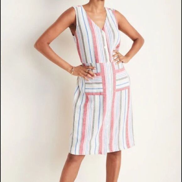 Old Navy Size Medium Linen Blend Sleeveless Striped Midi Dress Pockets - Picture 5 of 12